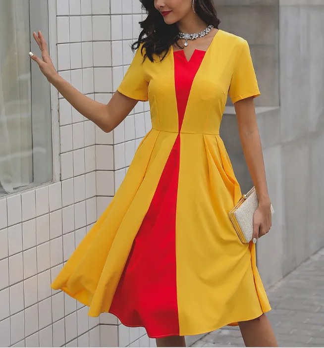 Elegant Contrast Color Irregular Collar Pleated Mini Full Dress