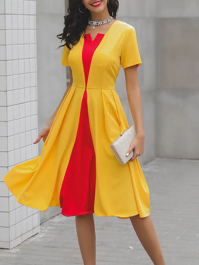 Elegant Contrast Color Irregular Collar Pleated Mini Full Dress