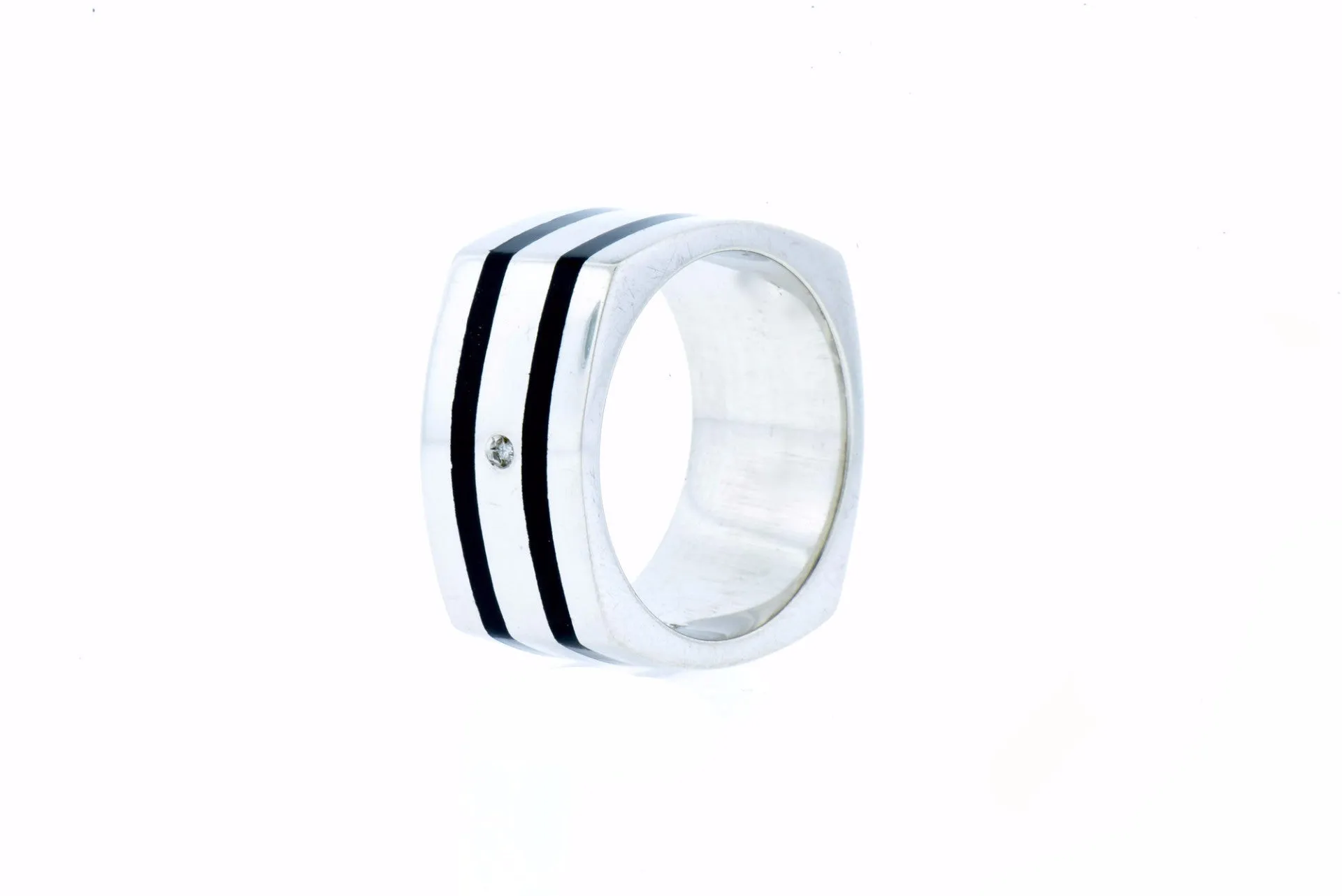 Elegant Men's Contoured Square Ring Center Diamond in Sterling Silver