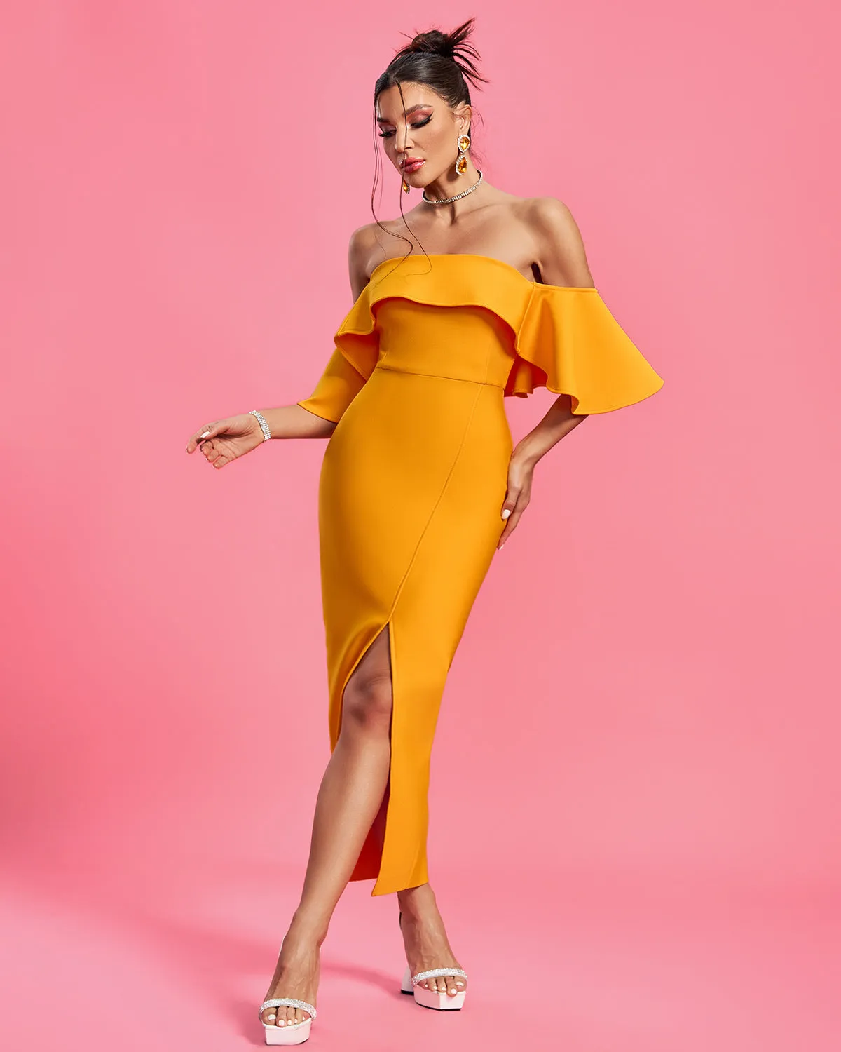 Elegant Off Shoulder Slit Bandage Dress