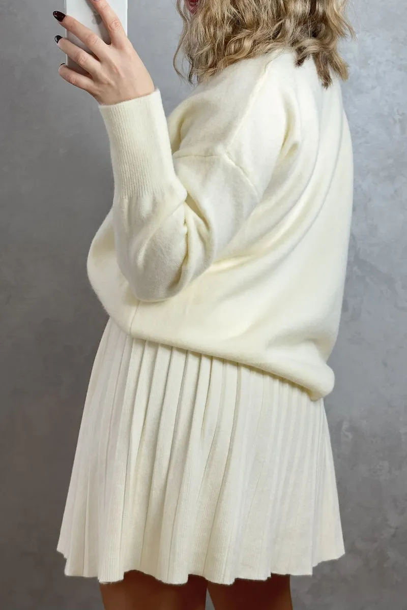 Elegant Patchwork Pleated O Neck Long Sleeve Two Pieces