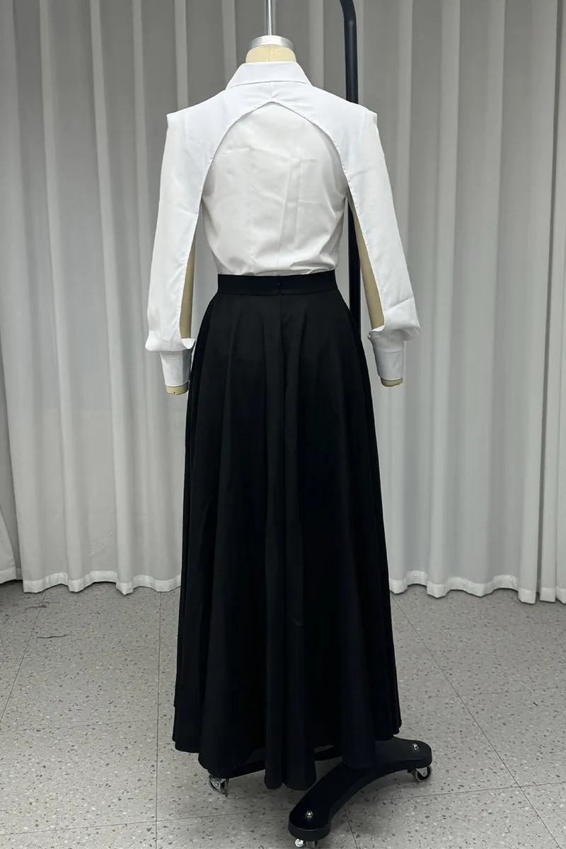 Elegant Patchwork Turndown Collar Long Sleeve Two Pieces