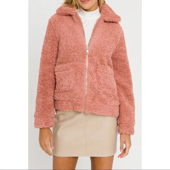 Endless Rose Cozy Sherpa Fleece Teddy Bear Bomber Jacket