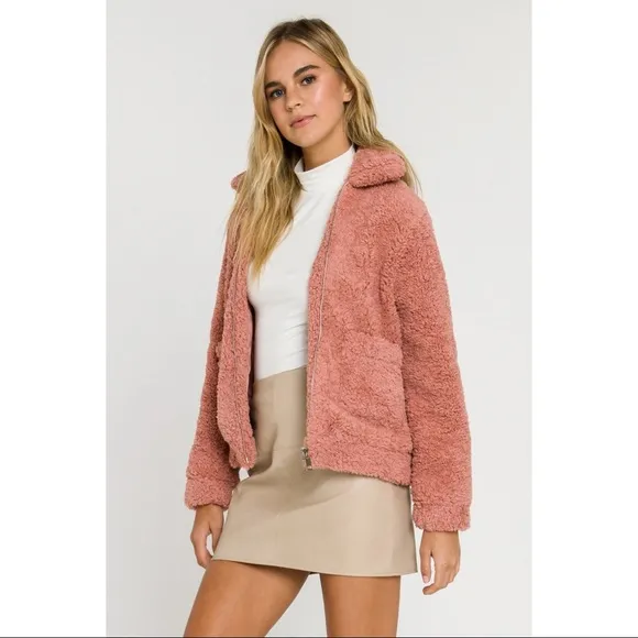 Endless Rose Cozy Sherpa Fleece Teddy Bear Bomber Jacket