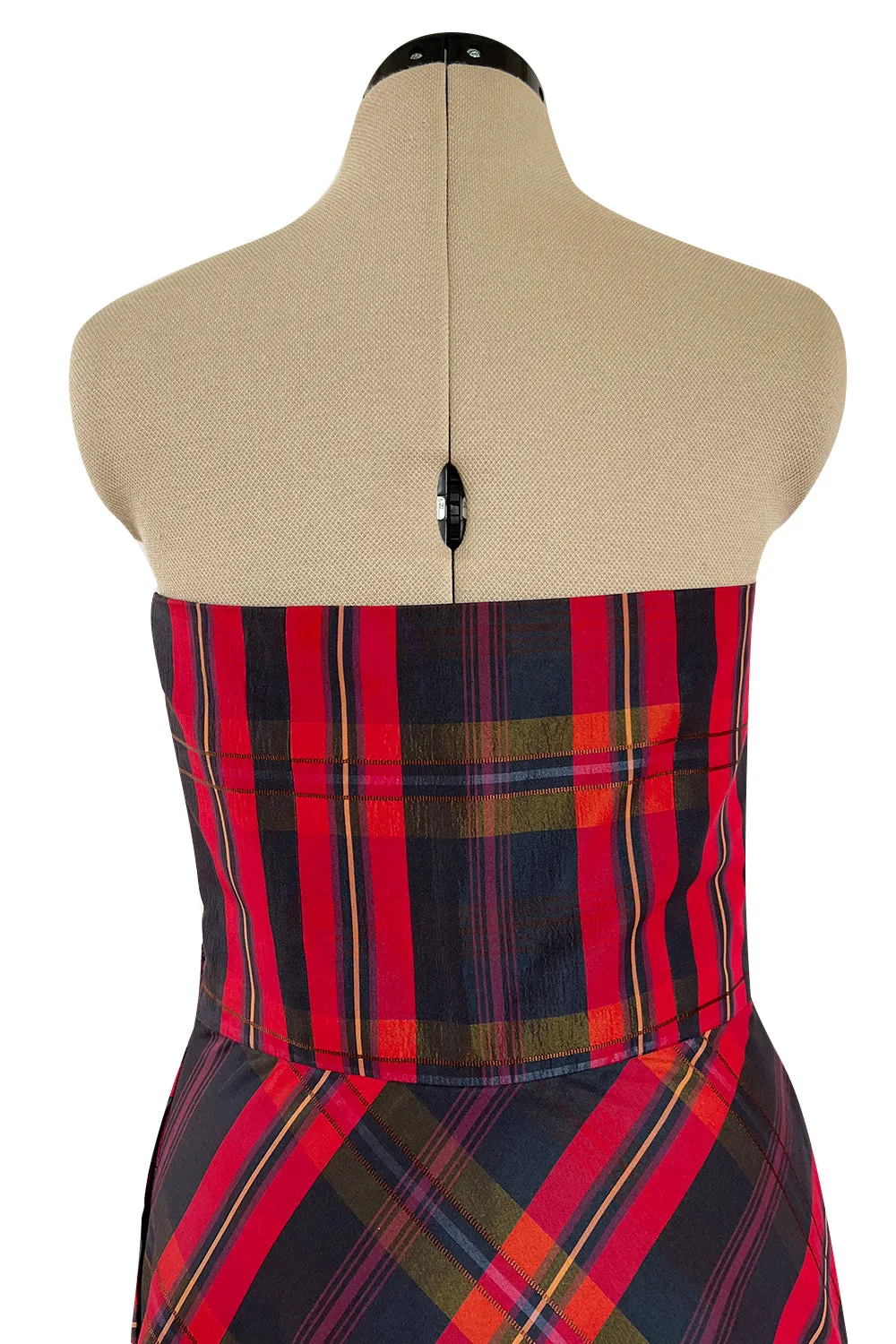 Fabulous 1980s Yves Saint Laurent Strapless Deep Red Plaid Silk & Cotton Dress