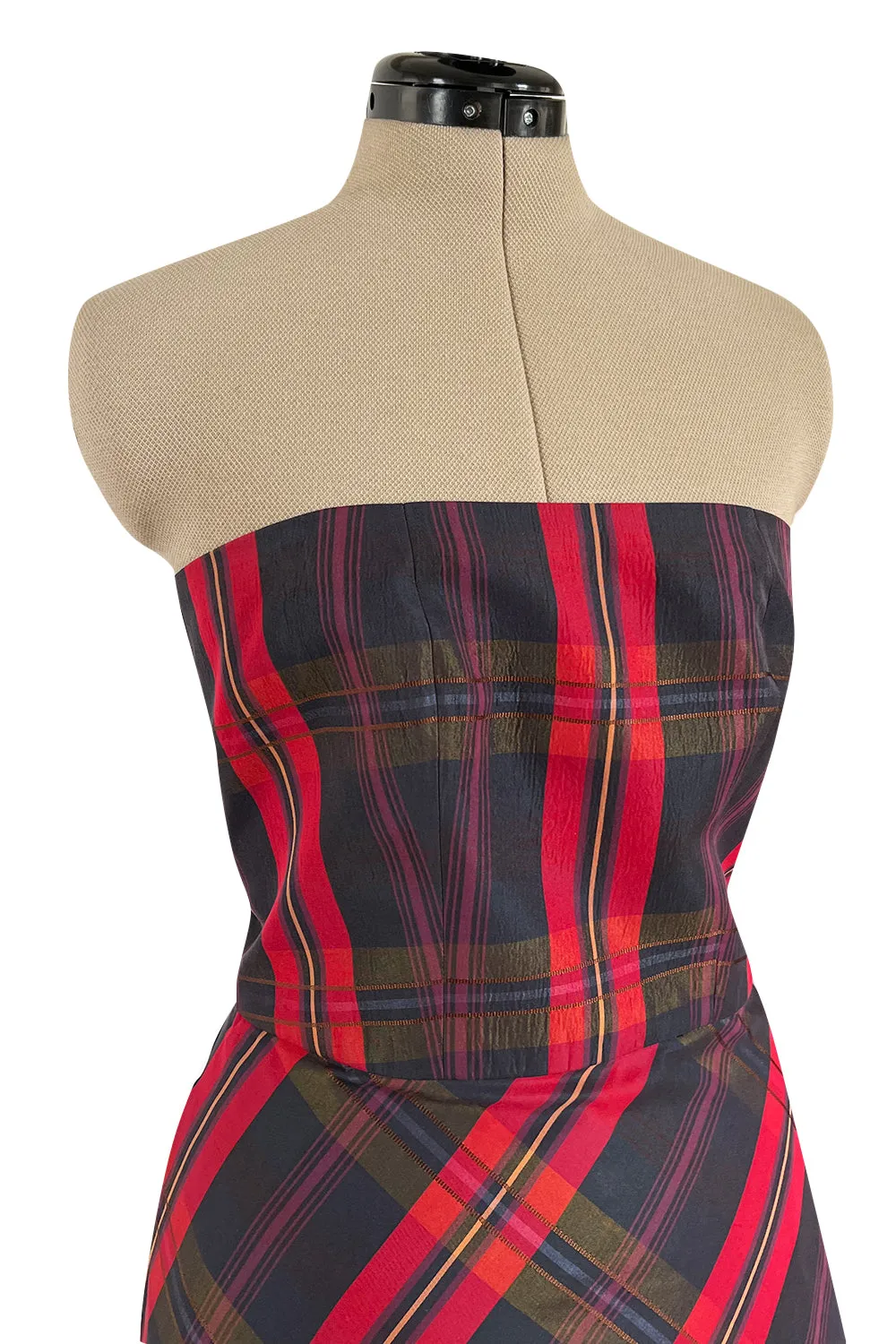 Fabulous 1980s Yves Saint Laurent Strapless Deep Red Plaid Silk & Cotton Dress
