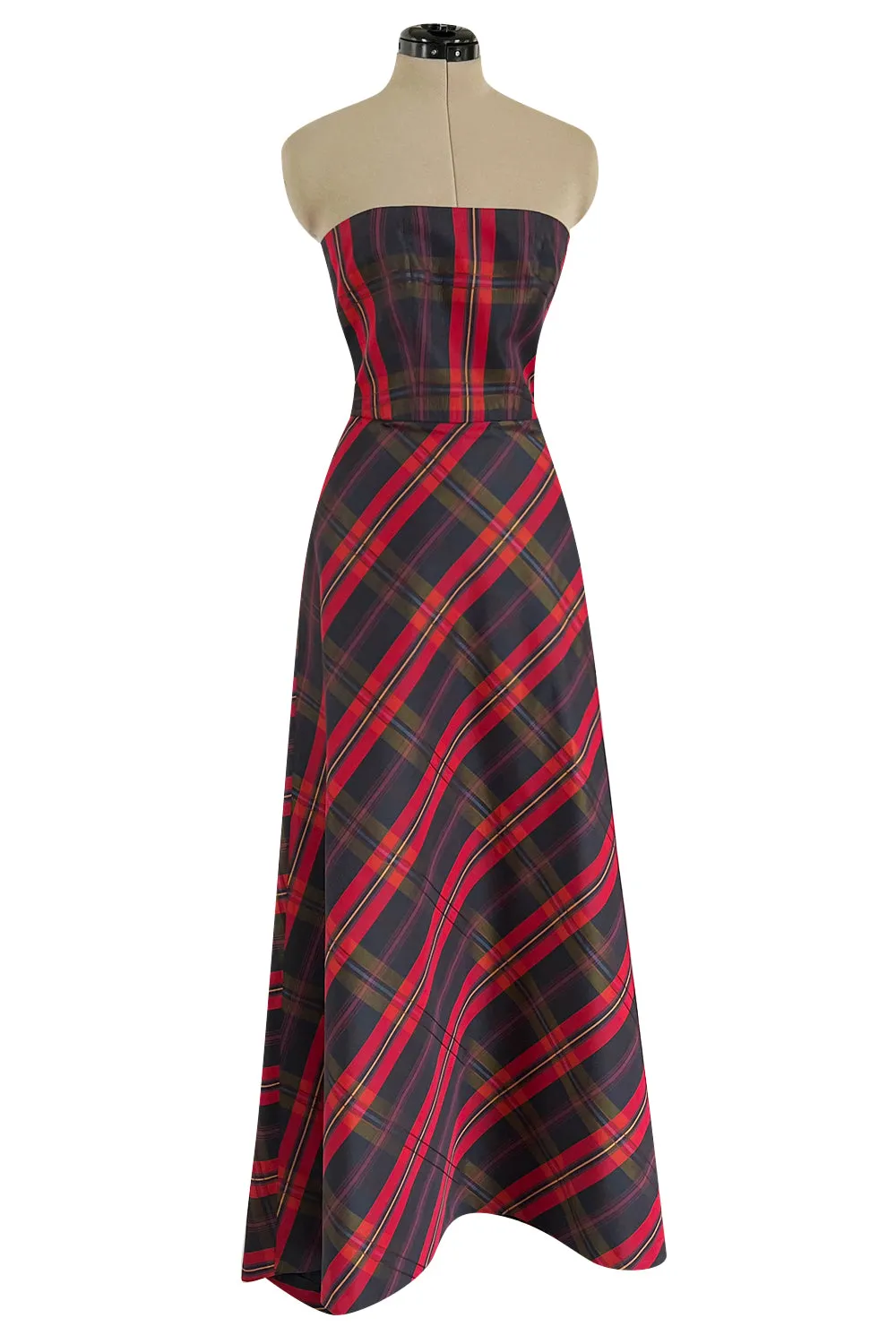 Fabulous 1980s Yves Saint Laurent Strapless Deep Red Plaid Silk & Cotton Dress
