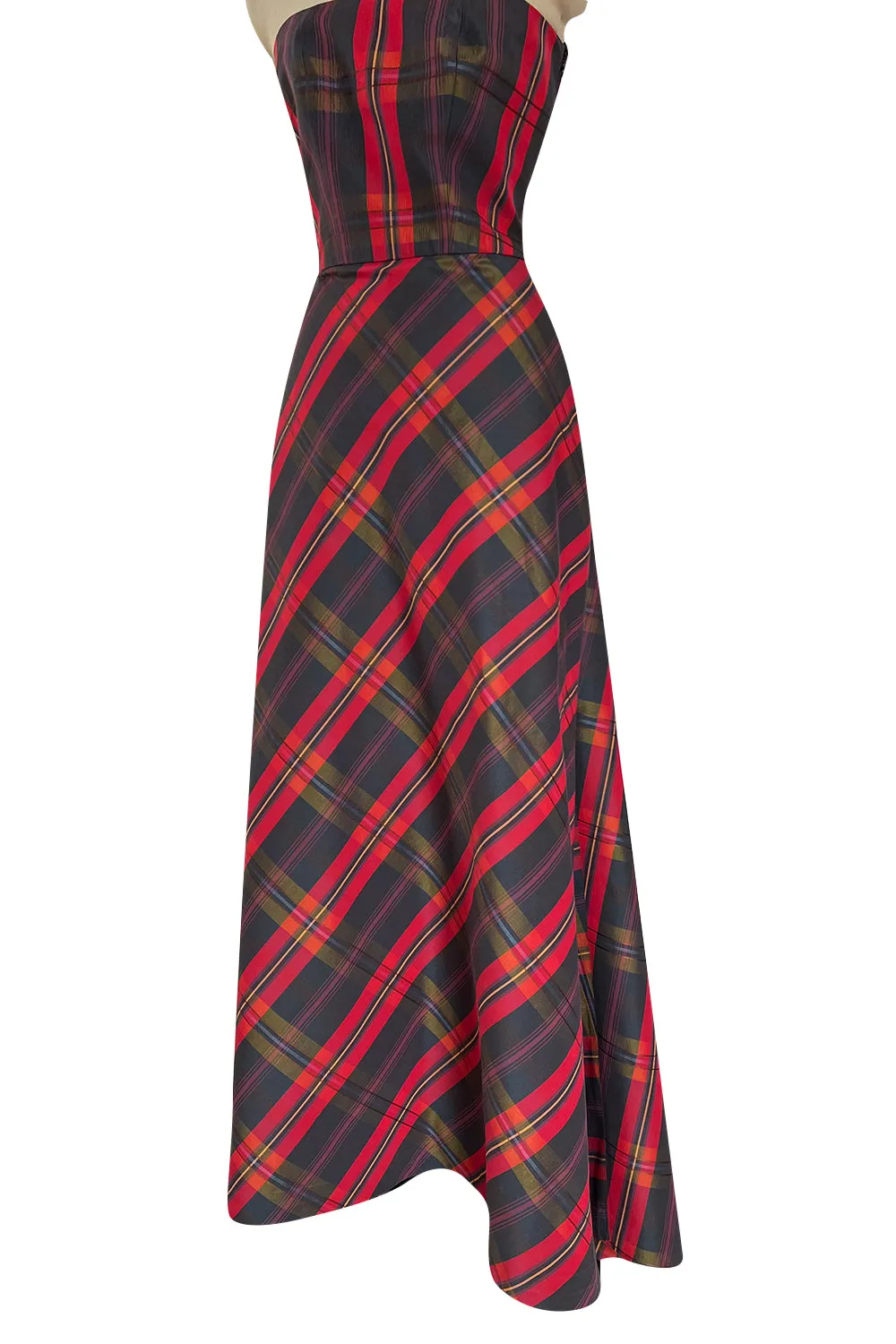 Fabulous 1980s Yves Saint Laurent Strapless Deep Red Plaid Silk & Cotton Dress