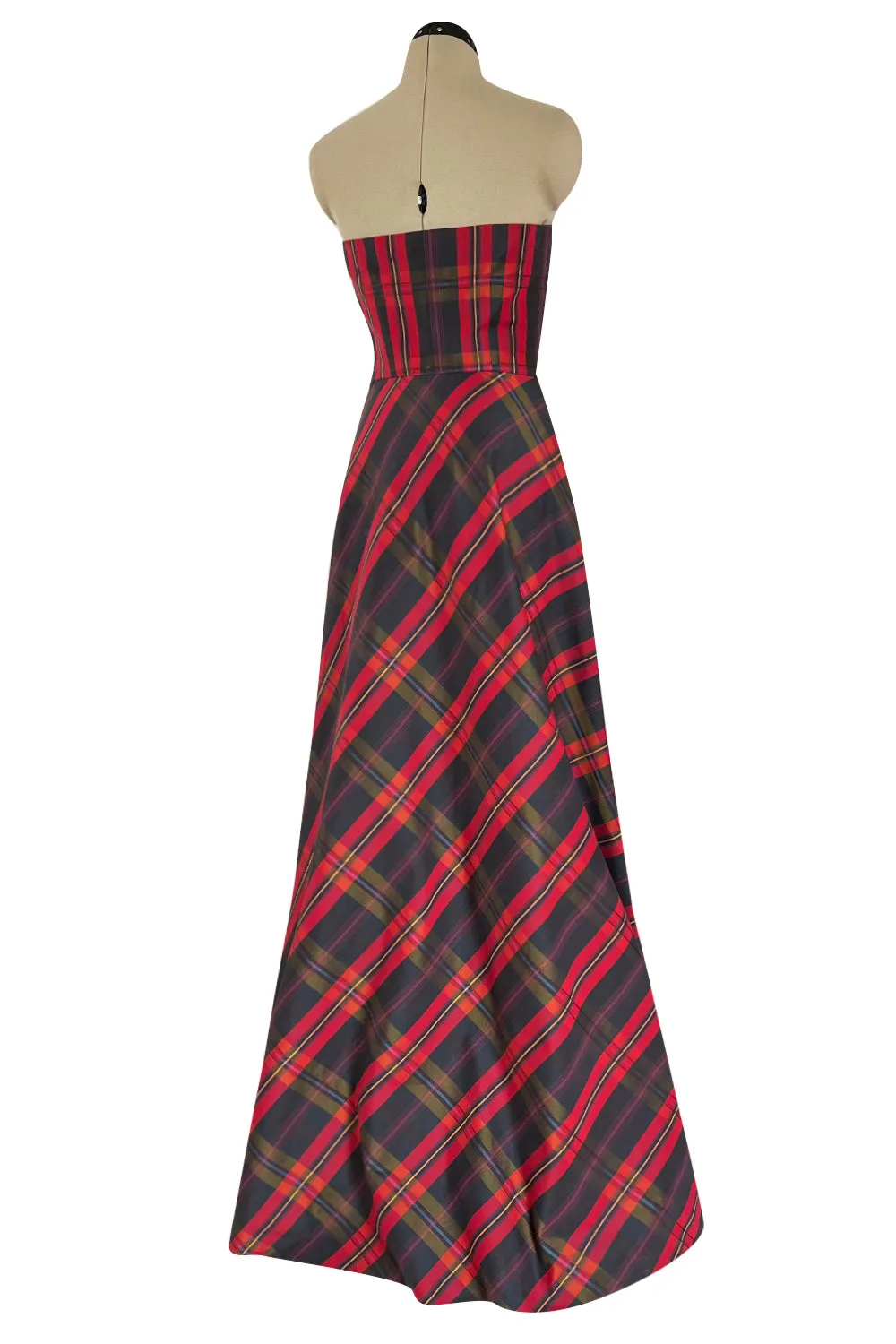 Fabulous 1980s Yves Saint Laurent Strapless Deep Red Plaid Silk & Cotton Dress