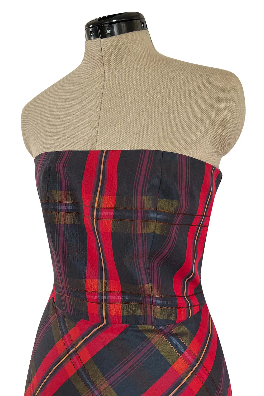 Fabulous 1980s Yves Saint Laurent Strapless Deep Red Plaid Silk & Cotton Dress