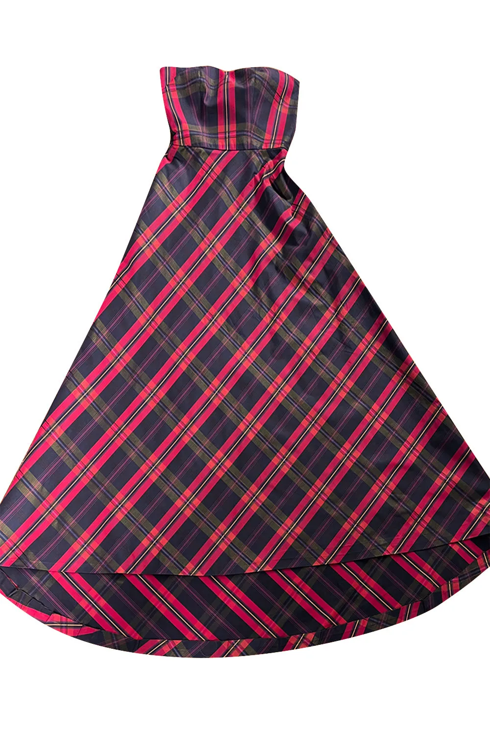 Fabulous 1980s Yves Saint Laurent Strapless Deep Red Plaid Silk & Cotton Dress