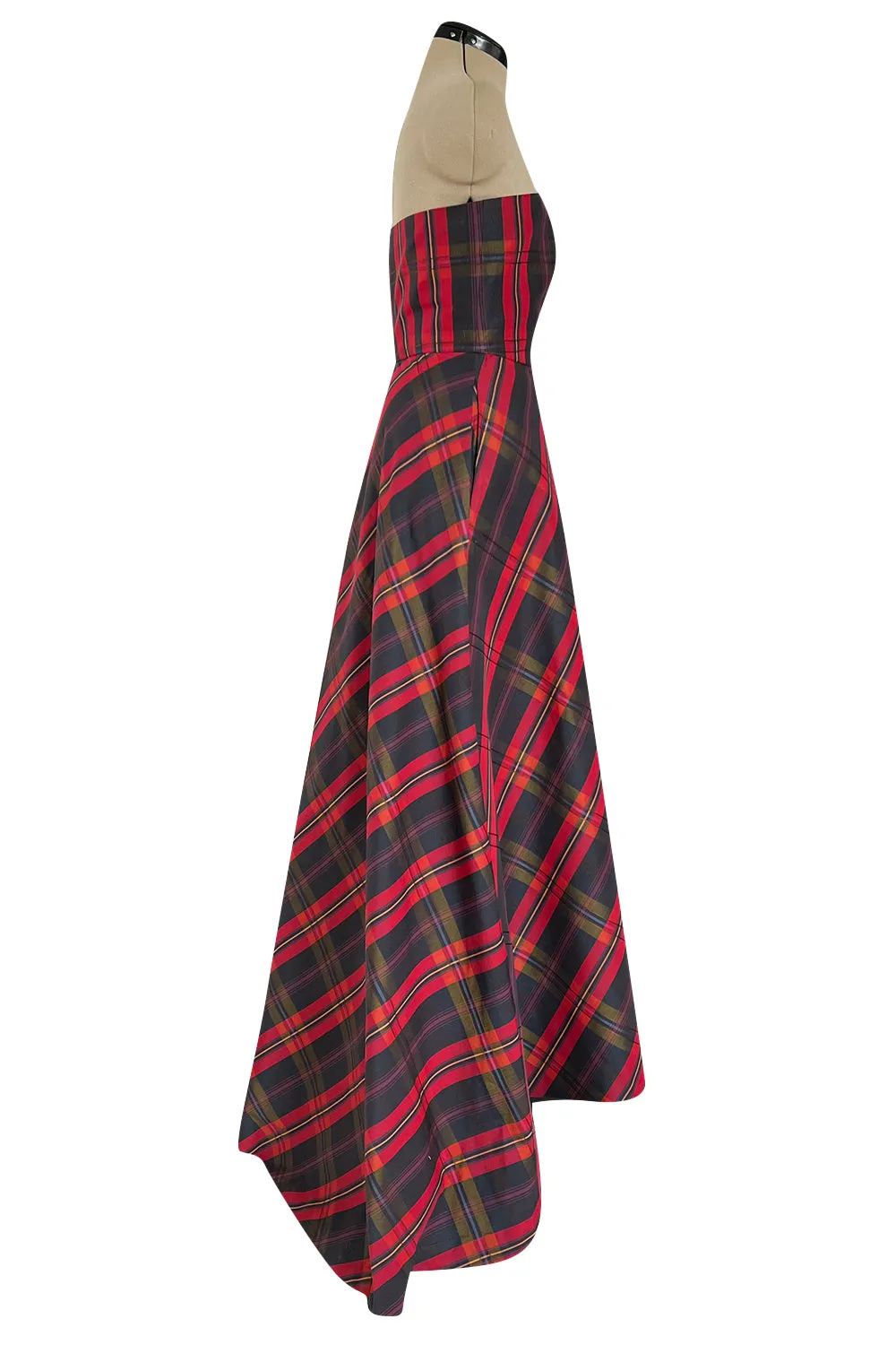 Fabulous 1980s Yves Saint Laurent Strapless Deep Red Plaid Silk & Cotton Dress