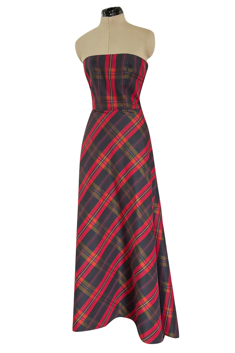 Fabulous 1980s Yves Saint Laurent Strapless Deep Red Plaid Silk & Cotton Dress