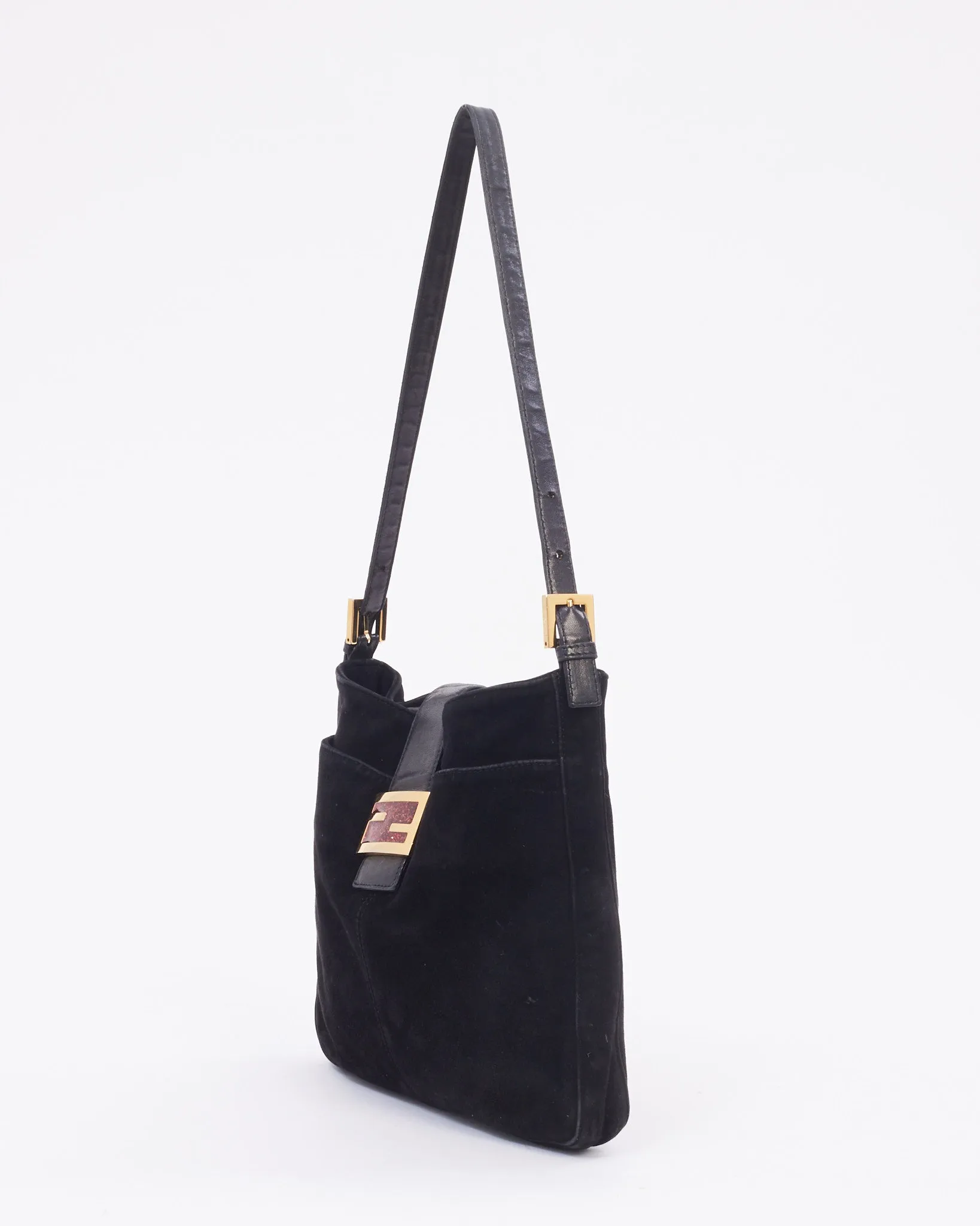Fendi Black Suede Red Glitter Logo Mamma Shoulder Bag