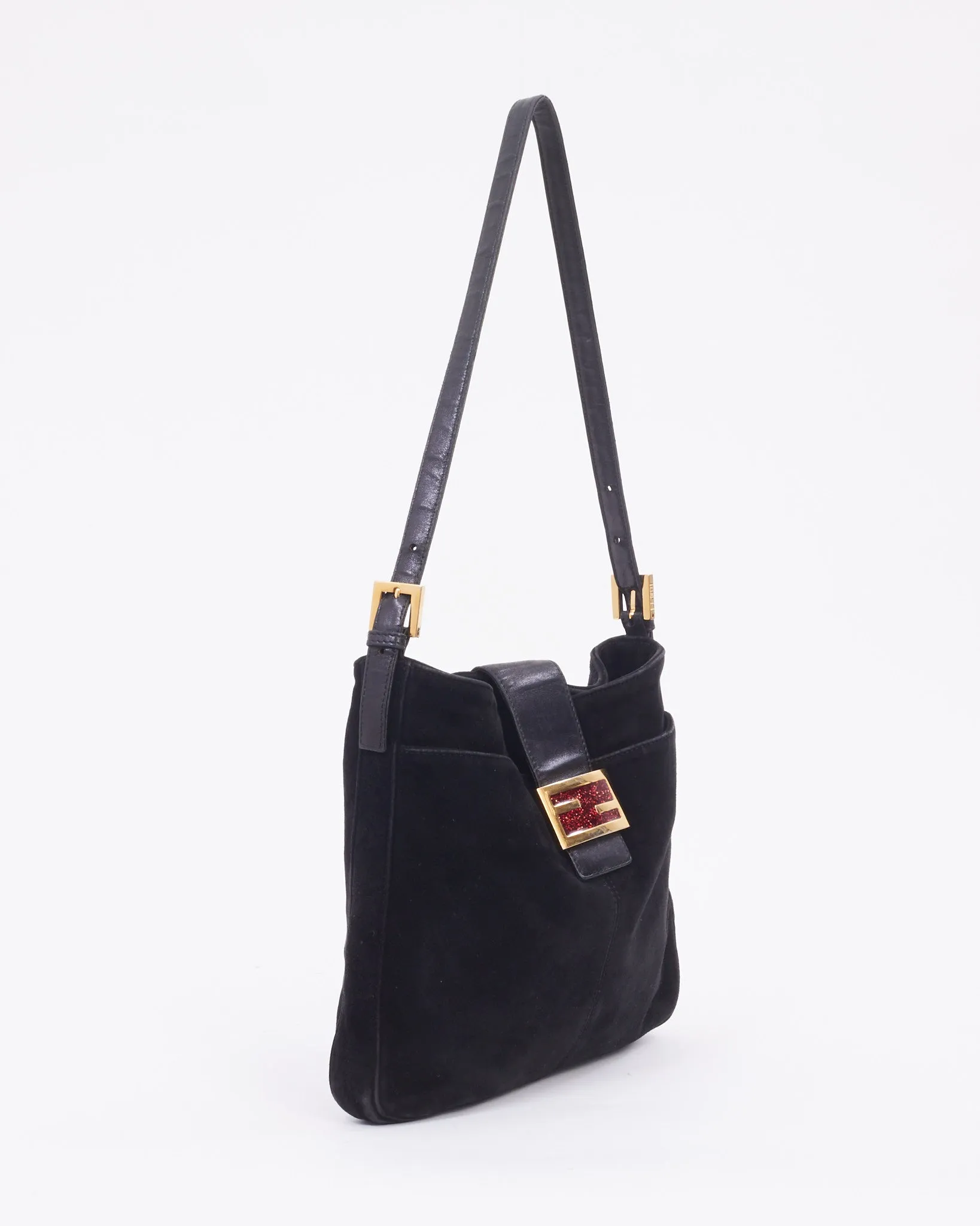 Fendi Black Suede Red Glitter Logo Mamma Shoulder Bag