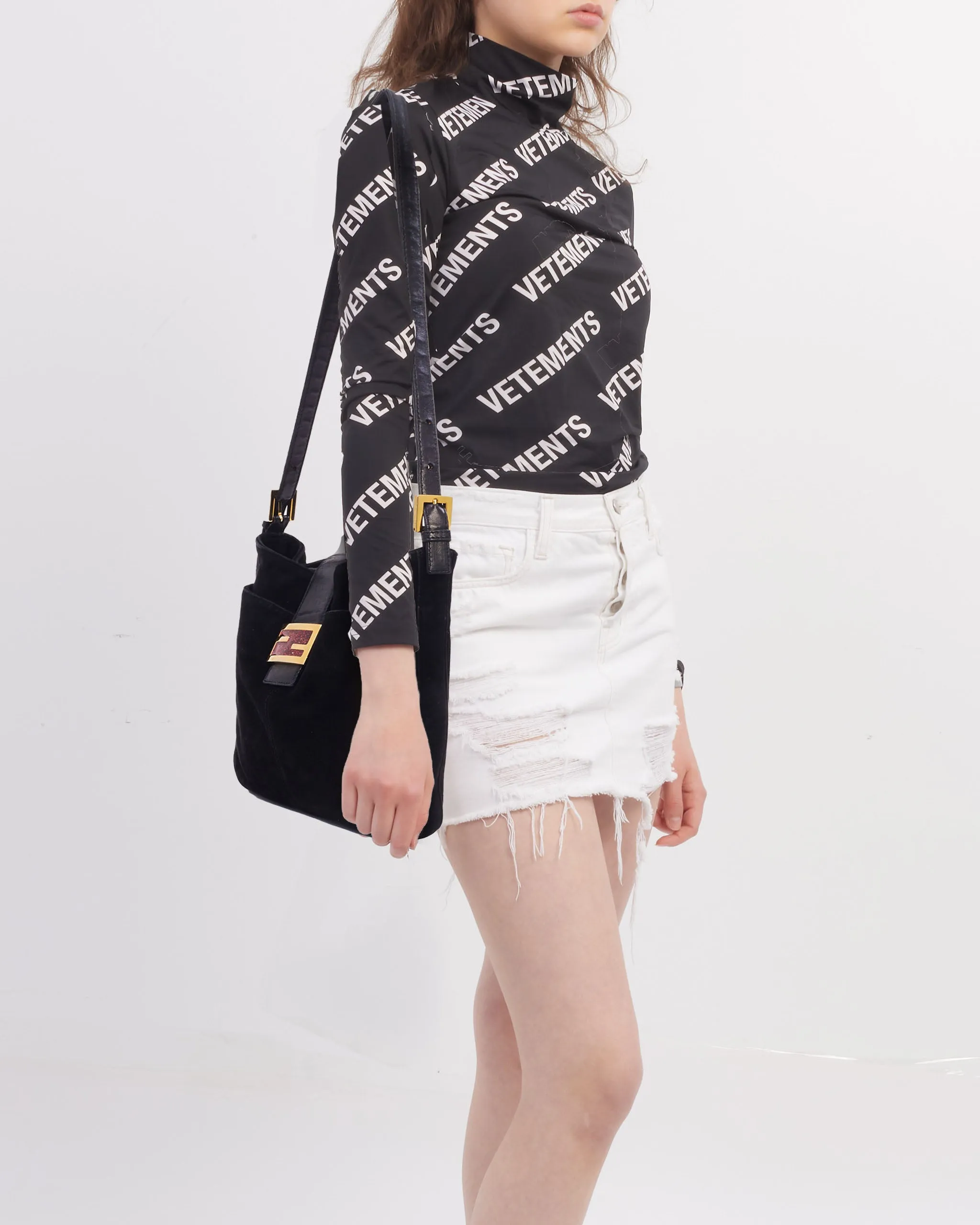 Fendi Black Suede Red Glitter Logo Mamma Shoulder Bag