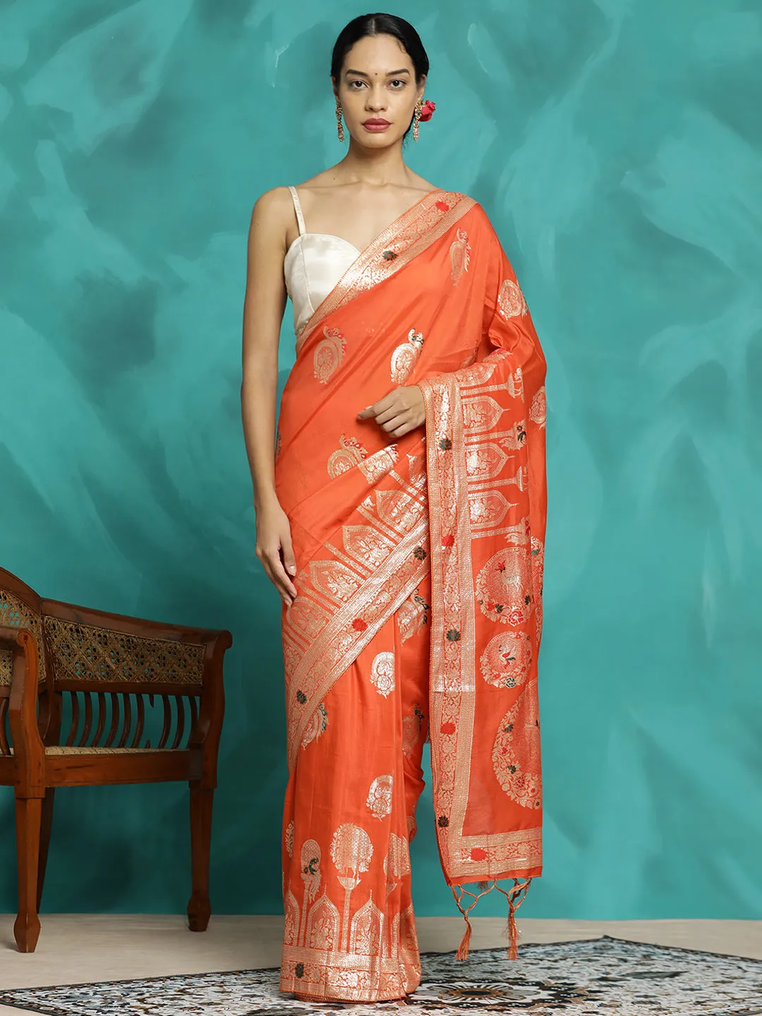 Festive Zari Woven Heavy Orange Banarasi Saree