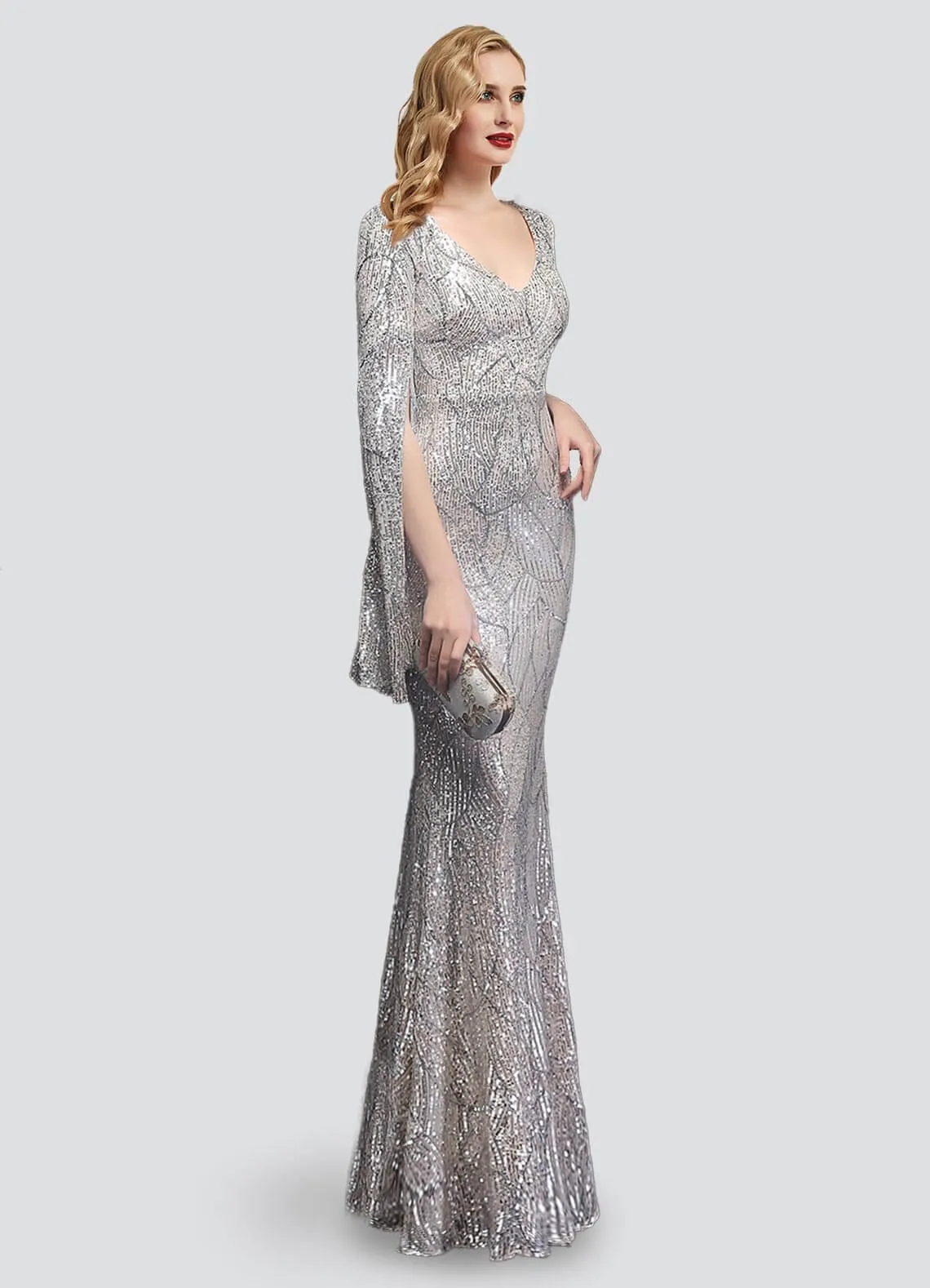 [Final Sale] Silver V-Neck Long Slit Sleeves Sequin Floor Length Mermaid Dress
