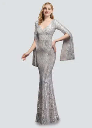 [Final Sale] Silver V-Neck Long Slit Sleeves Sequin Floor Length Mermaid Dress