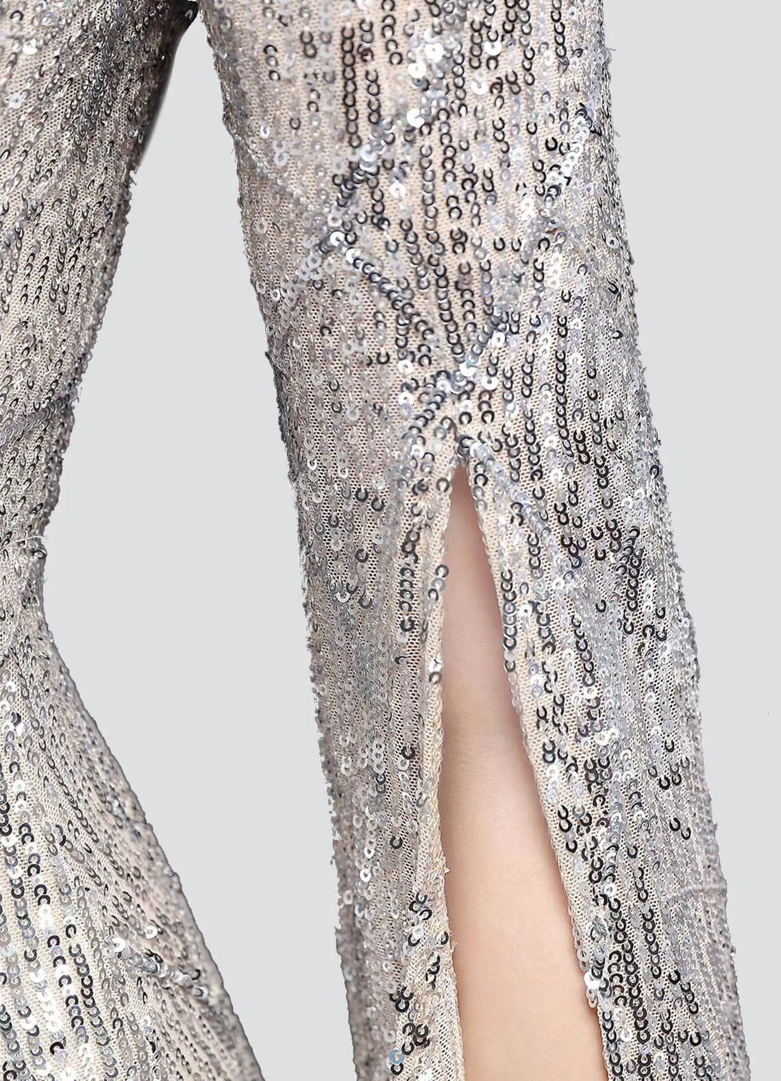 [Final Sale] Silver V-Neck Long Slit Sleeves Sequin Floor Length Mermaid Dress