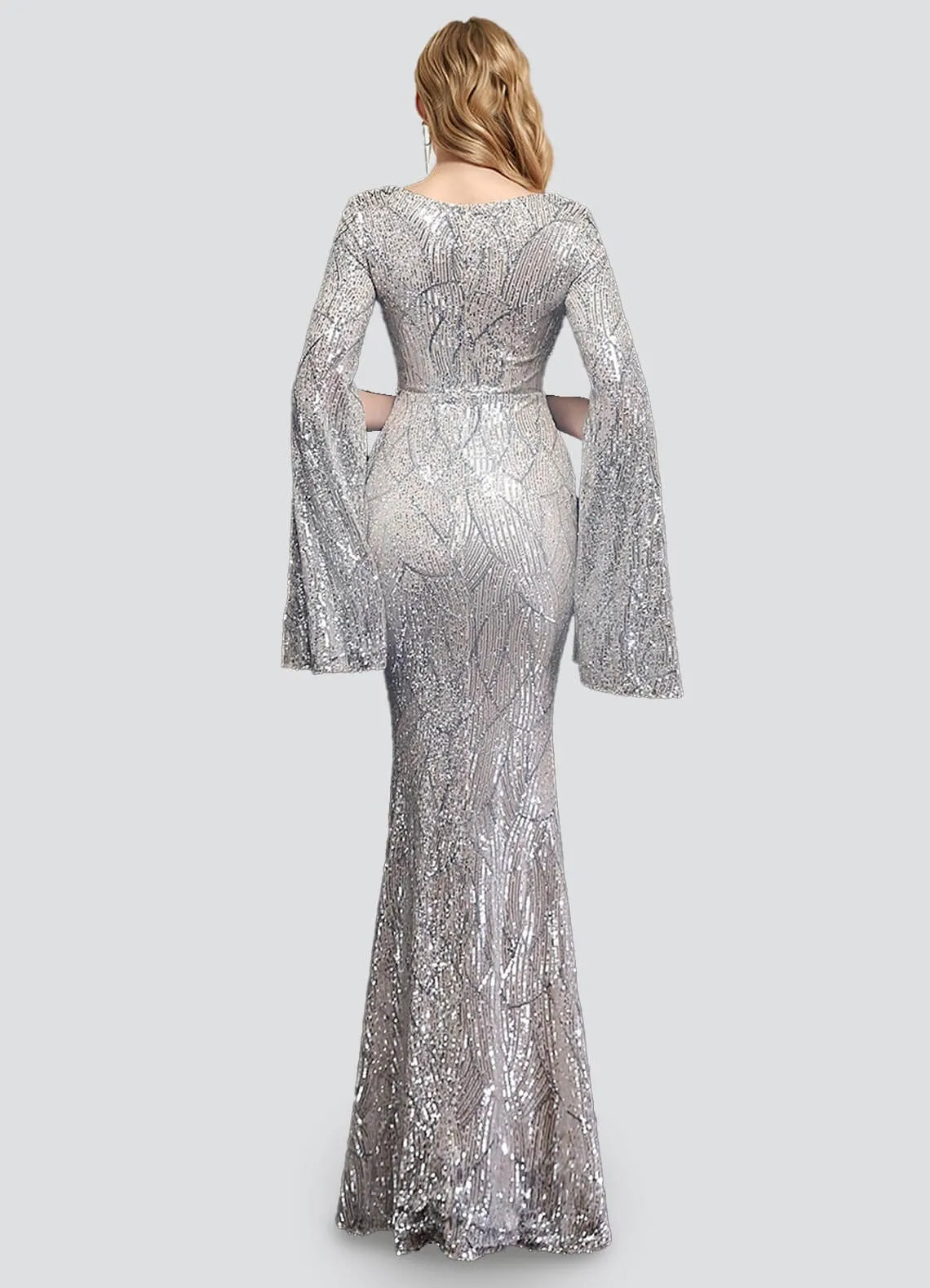 [Final Sale] Silver V-Neck Long Slit Sleeves Sequin Floor Length Mermaid Dress