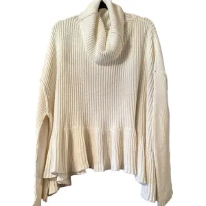 Free People Oversized Cotton Blend Turtle neck sweater M Cream knit ruffle hem