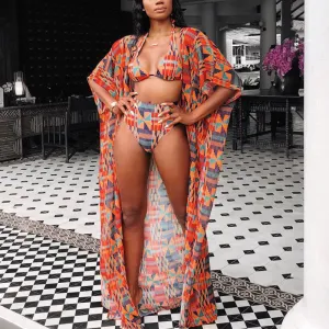 Geometric Print Long Sleeve Three Piece Swimsuit Set