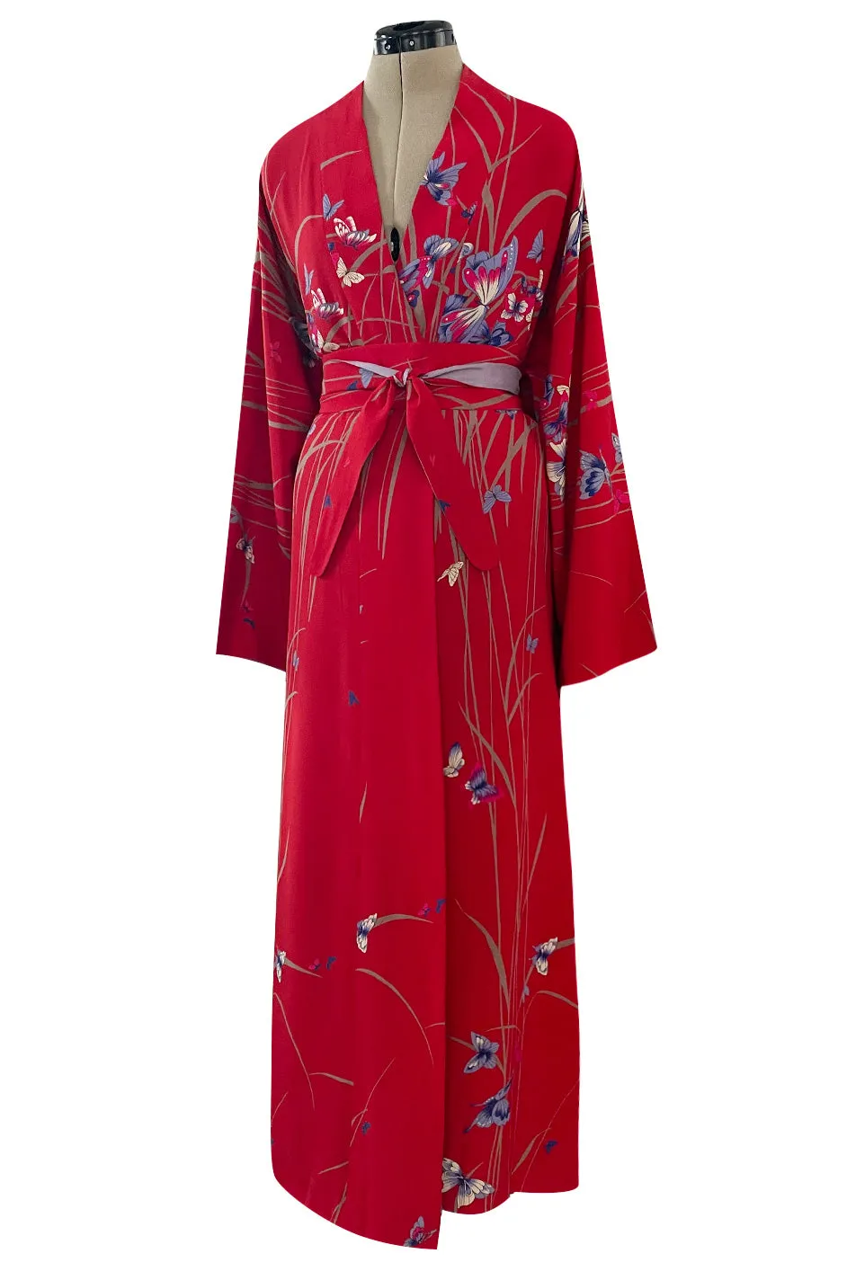 Gorgeous 1970s Hanae Mori Red Silk Kimono Caftan Dress w Sash & Beautiful Butterfly Print