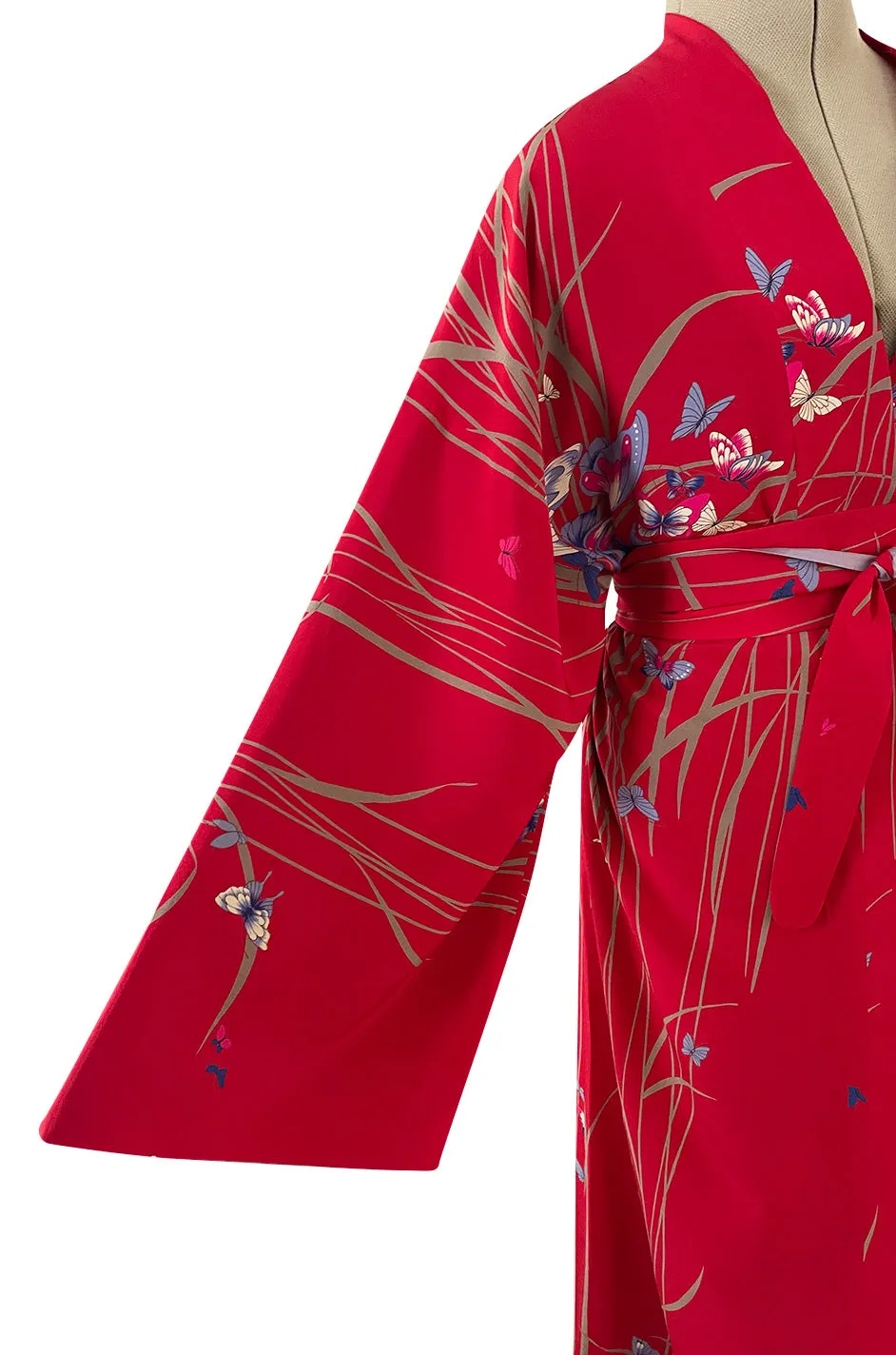 Gorgeous 1970s Hanae Mori Red Silk Kimono Caftan Dress w Sash & Beautiful Butterfly Print