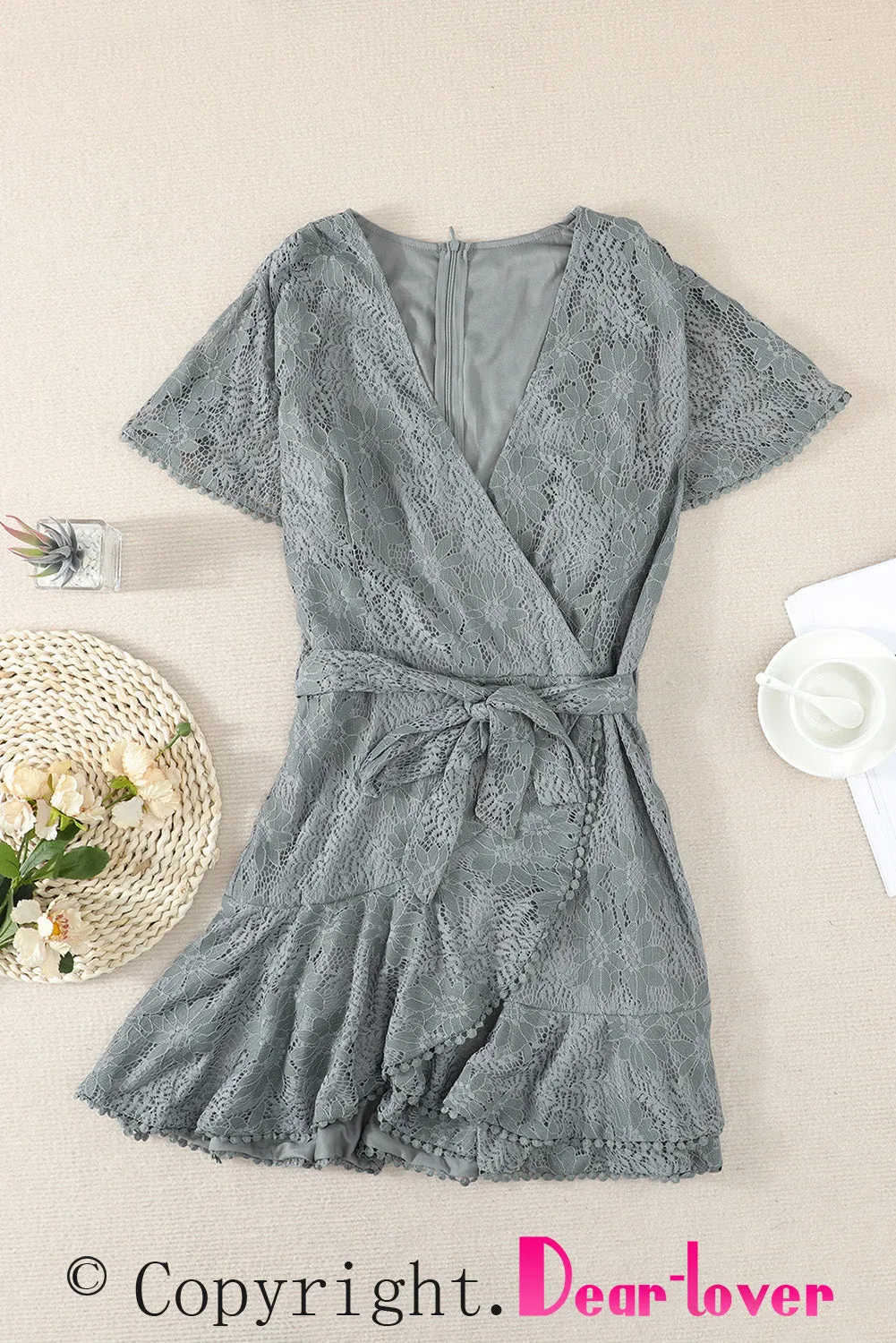 Gray Flutter Sleeve Wrap V Neck Floral Lace Short Dress