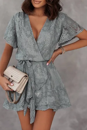 Gray Flutter Sleeve Wrap V Neck Floral Lace Short Dress