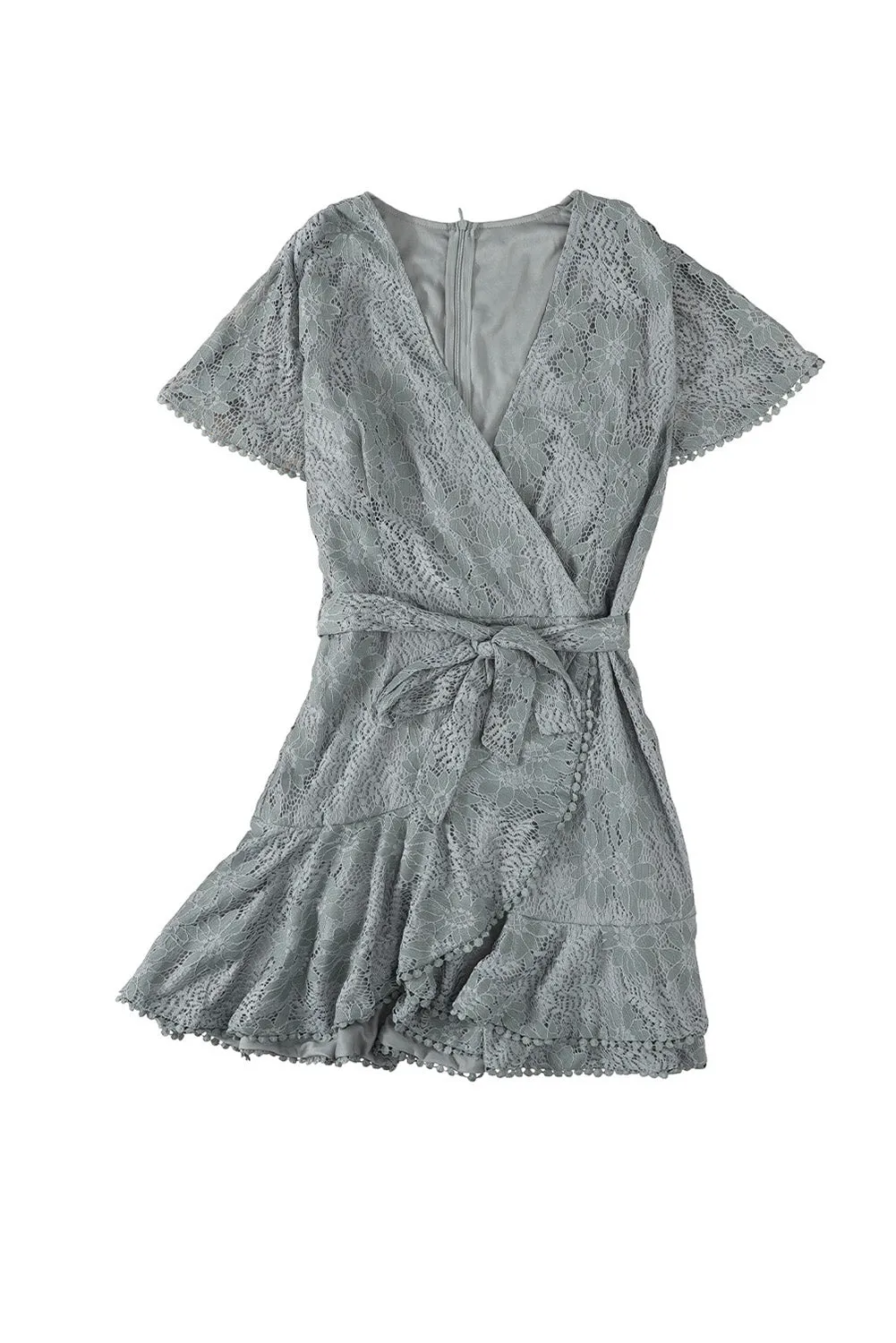 Gray Flutter Sleeve Wrap V Neck Floral Lace Short Dress