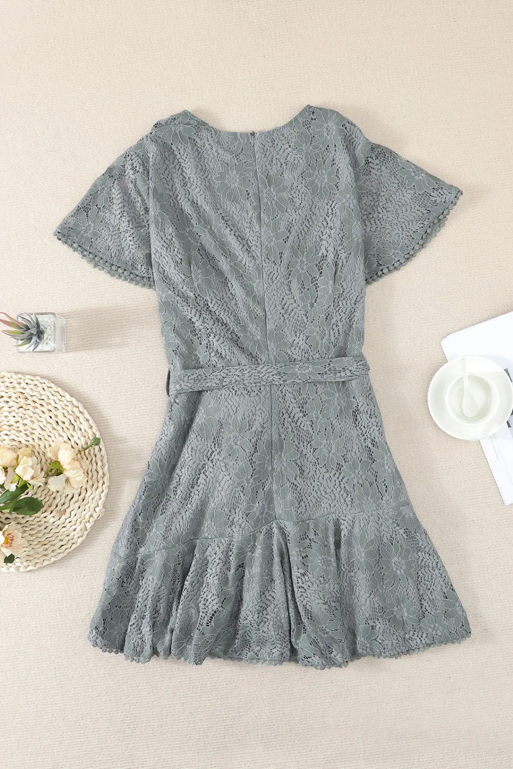 Gray Flutter Sleeve Wrap V Neck Floral Lace Short Dress