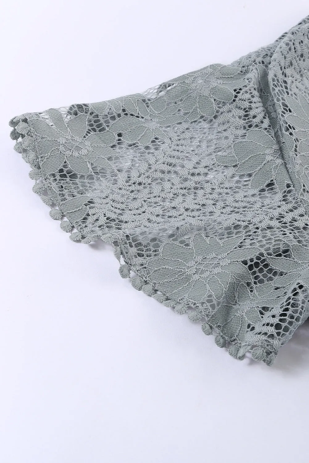 Gray Flutter Sleeve Wrap V Neck Floral Lace Short Dress