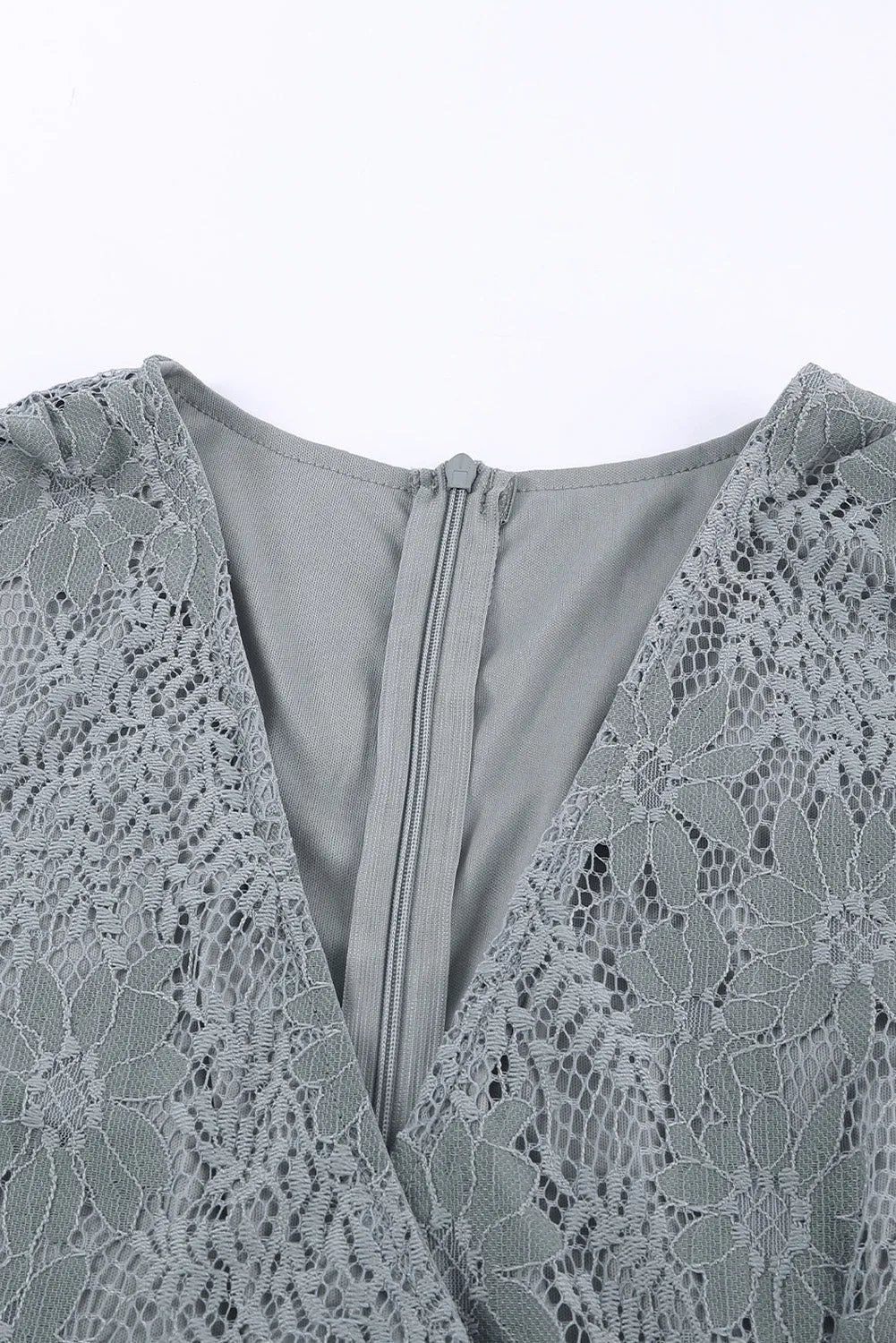 Gray Flutter Sleeve Wrap V Neck Floral Lace Short Dress