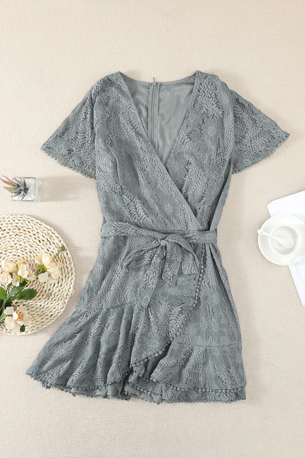Gray Flutter Sleeve Wrap V Neck Floral Lace Short Dress