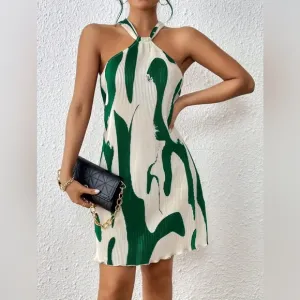 Green and White Halter Abstract  Dress