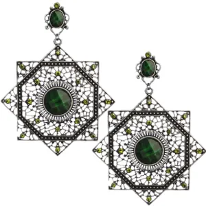 Green Beaded Gemstone Geometric Post Earrings