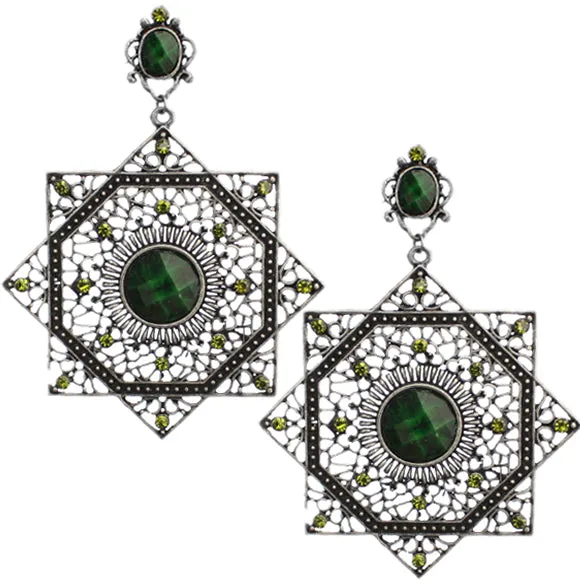 Green Beaded Gemstone Geometric Post Earrings