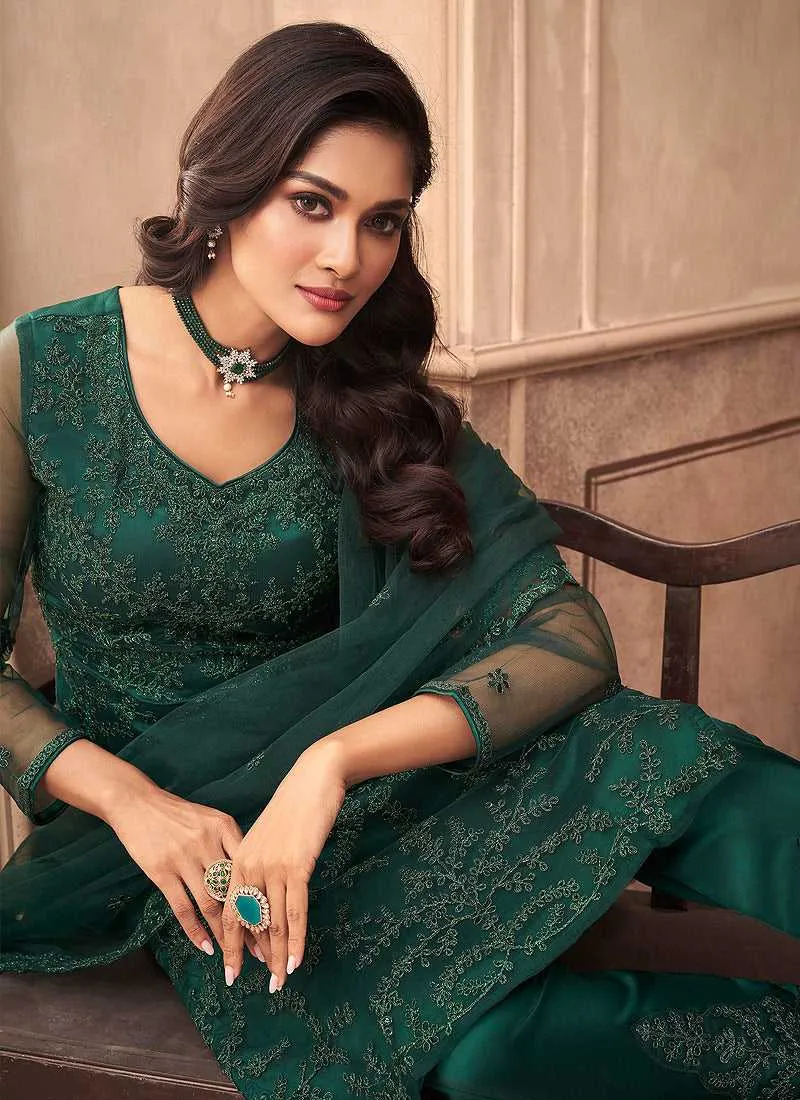 Green Floral Embroidered Designer Pant Style Suit