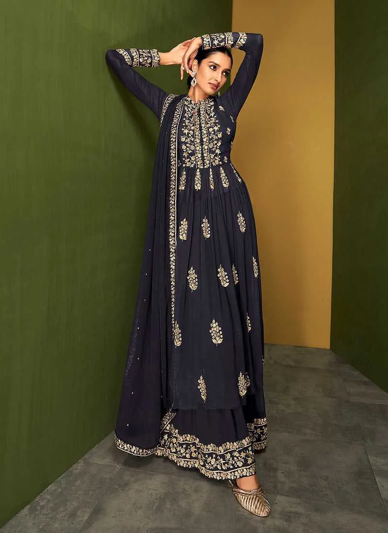 Grey Blue Heavy Embroidered Designer Sharara Suit