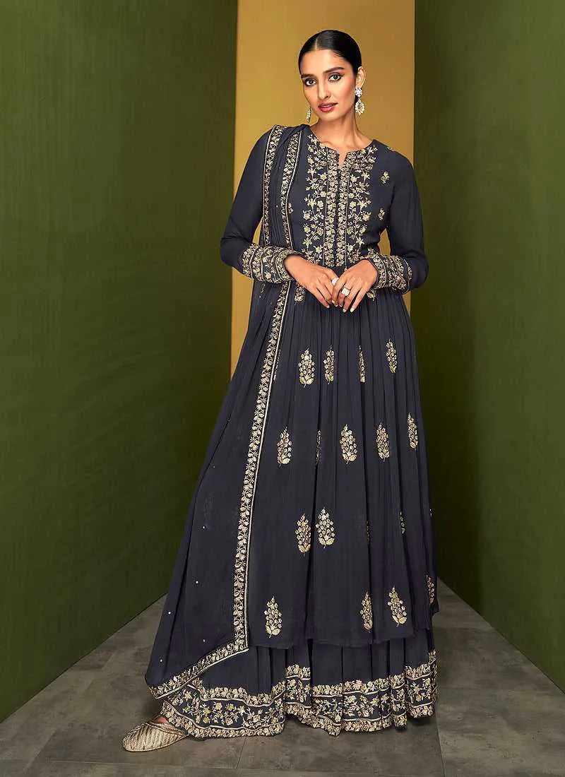 Grey Blue Heavy Embroidered Designer Sharara Suit
