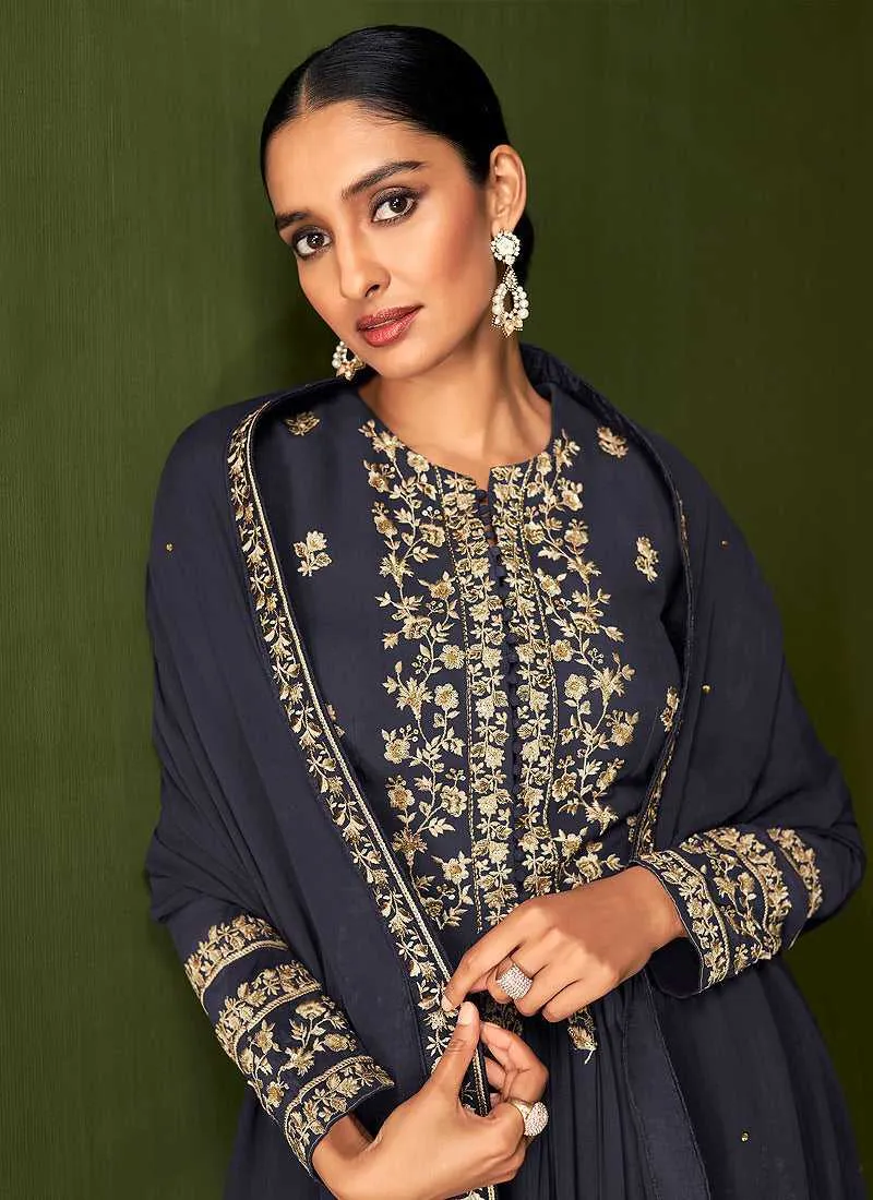 Grey Blue Heavy Embroidered Designer Sharara Suit