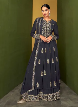 Grey Blue Heavy Embroidered Designer Sharara Suit