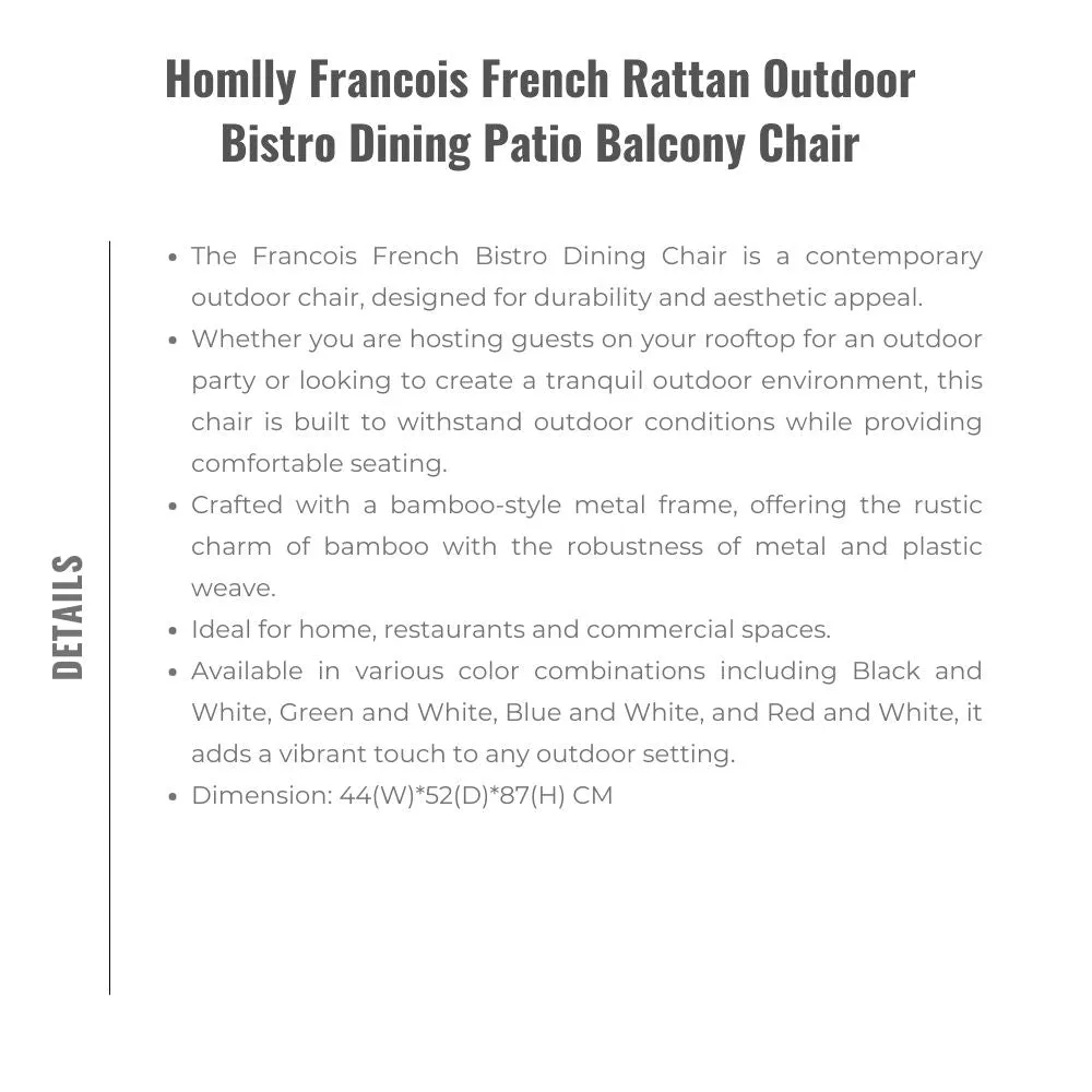 Homlly Francois French Rattan Outdoor Bistro Dining Patio Balcony Chair
