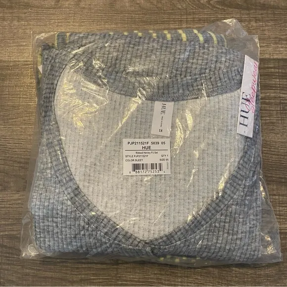 HUE Ribbed Henley PJ Set. Color: Sleet/Stripe. 1X