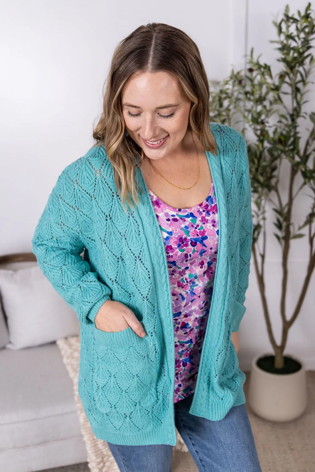 IN PRODUCTION Open Knit Cardigan - Dusty Aqua