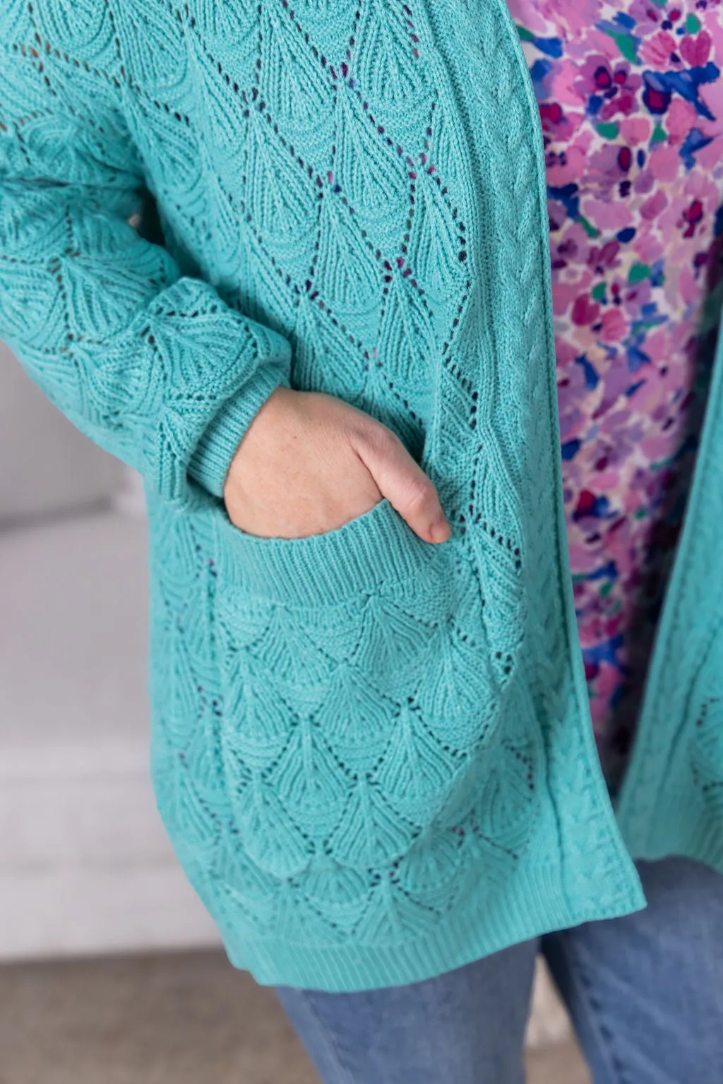 IN PRODUCTION Open Knit Cardigan - Dusty Aqua