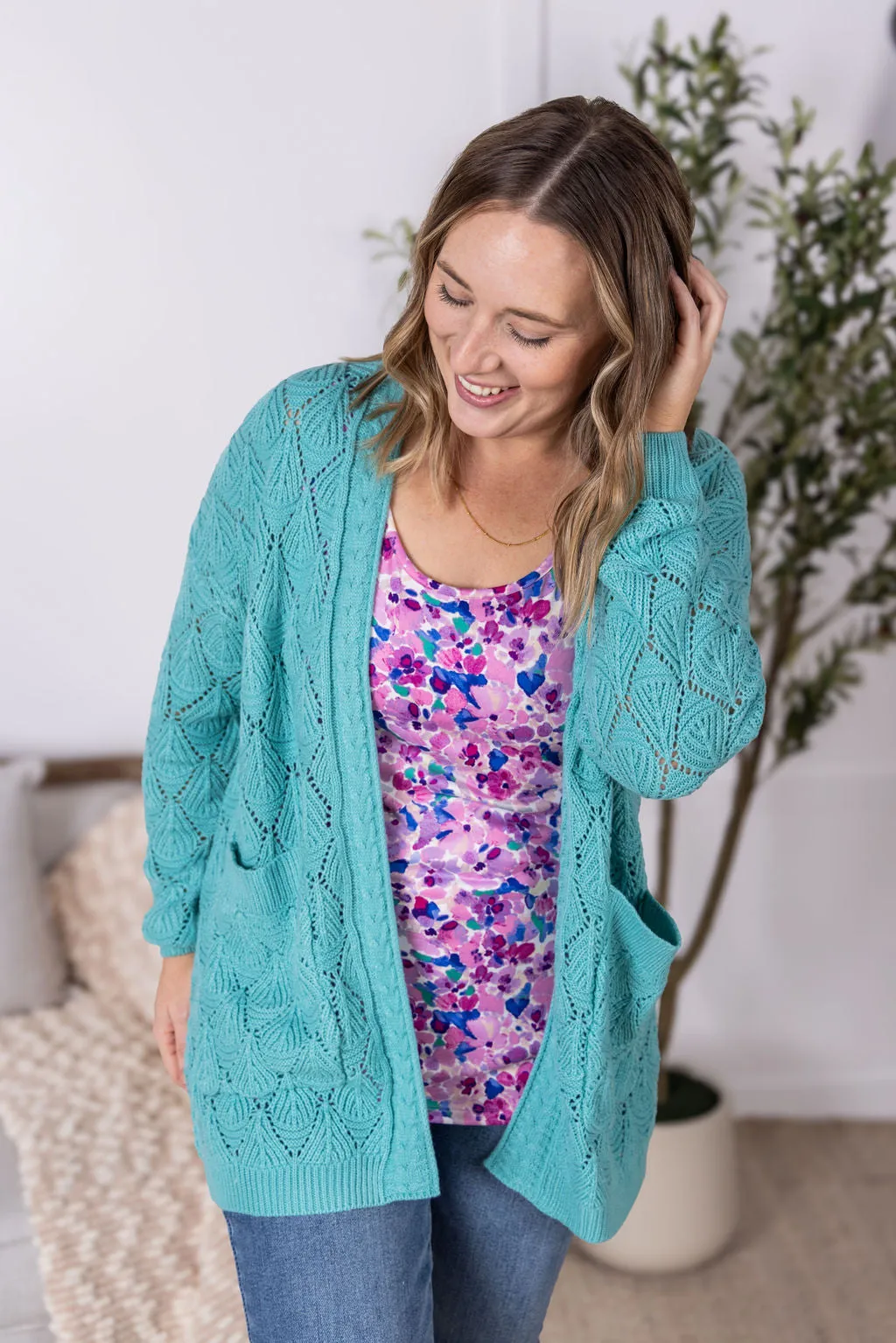 IN PRODUCTION Open Knit Cardigan - Dusty Aqua