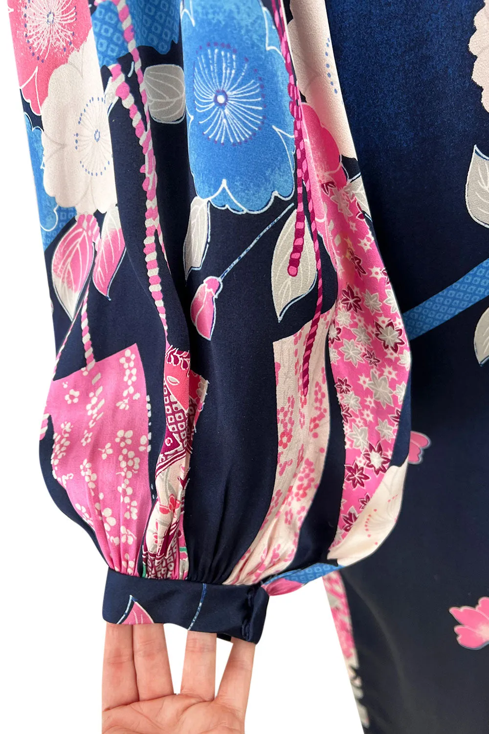 Incredible 1970s Hanae Mori Finest Possible Blue Silk Caftan Dress w Pink Floral Print